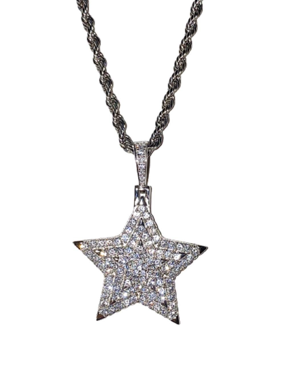 925 Sterling Silver Iced Out Pendant Necklace for Men & Women - Italian White Gold Finish Stainless Steel Rope Chain (16