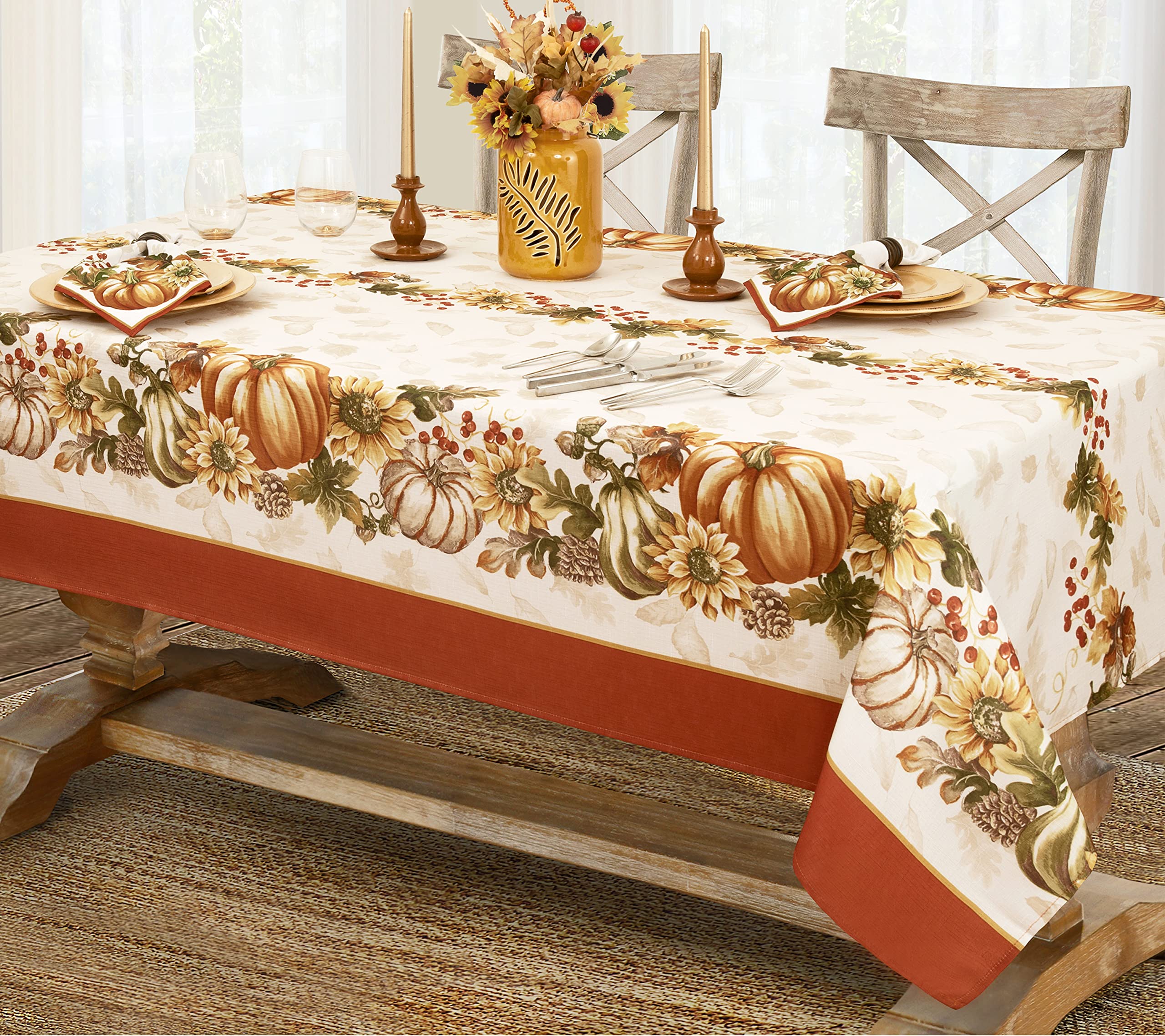 Newbridge Thanksgiving Autumn Harvest Bordered Fabric Placemats - Set of 4 Fall-Themed Pumpkin & Sunflower Print Table Mats - Soil & Stain Resistant for Holiday Dining, Dinner Parties & Cozy Family Gatherings