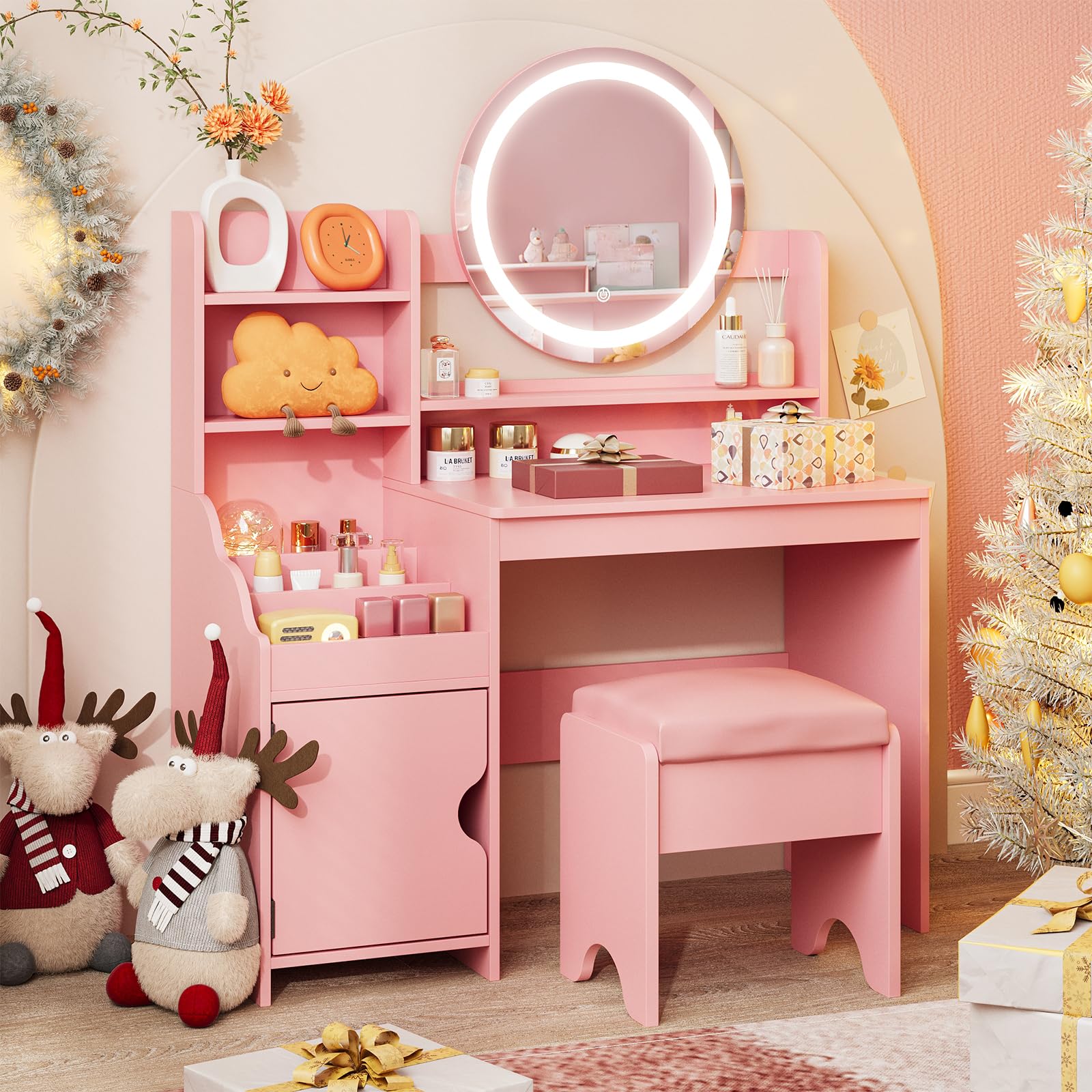 **Vabches Kids Vanity Set with LED Lights - Princess Makeup Vanity Desk with Open Bookshelf, Storage Cabinet & Shelves - Toddler Vanity Table & Chair Set - Pretend Play Dress Up Toy for Little Girls (Pink) - Perfect for Bedroom, Playroom & Birthday Gifts**