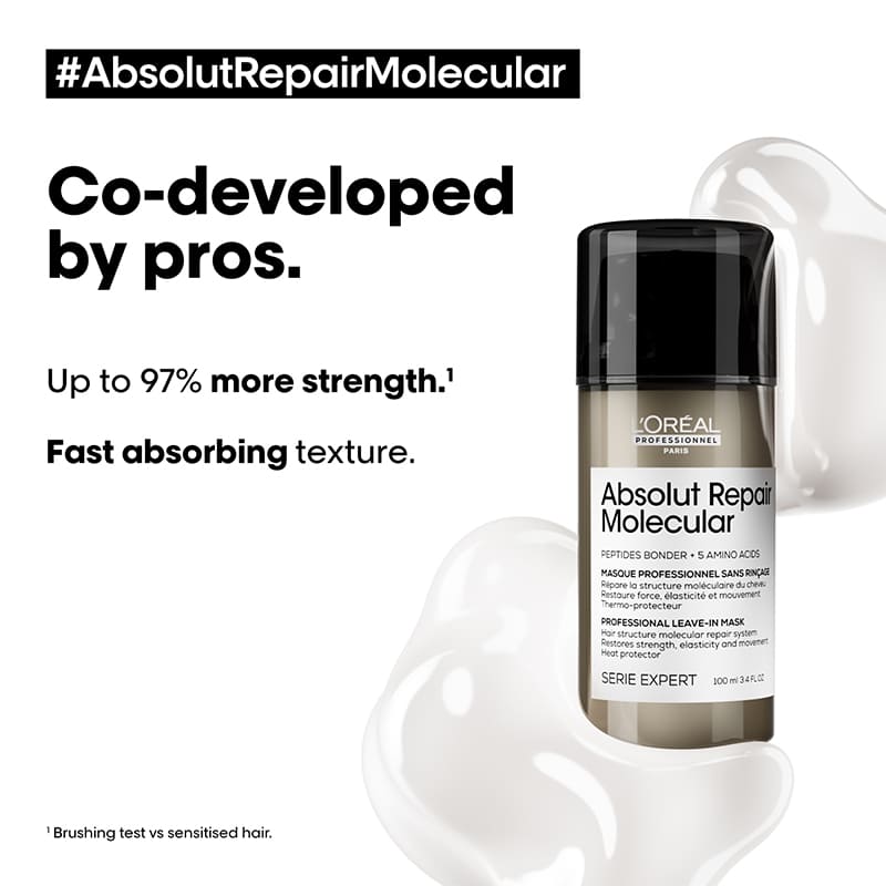 L'Oréal Professionnel Absolut Repair Molecular Leave-In Hair Mask for Damaged Hair - Deep Conditioning Treatment for Dry, Frizzy & Color-Treated Hair - At-Home Salon Quality Hair Care for Women & Men