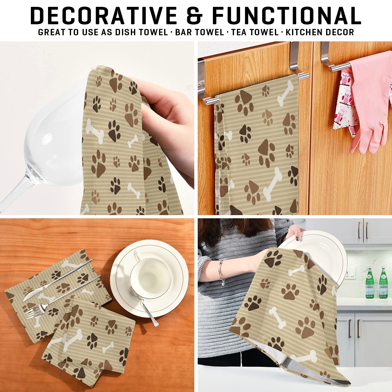 ALAZA Brown Dog Paw Print Striped Kitchen Towels - Super Absorbent & Soft Dish Towels (18x28 Inches) - Perfect for Dishes, Bar, Tea & Cleaning - 1 Pack