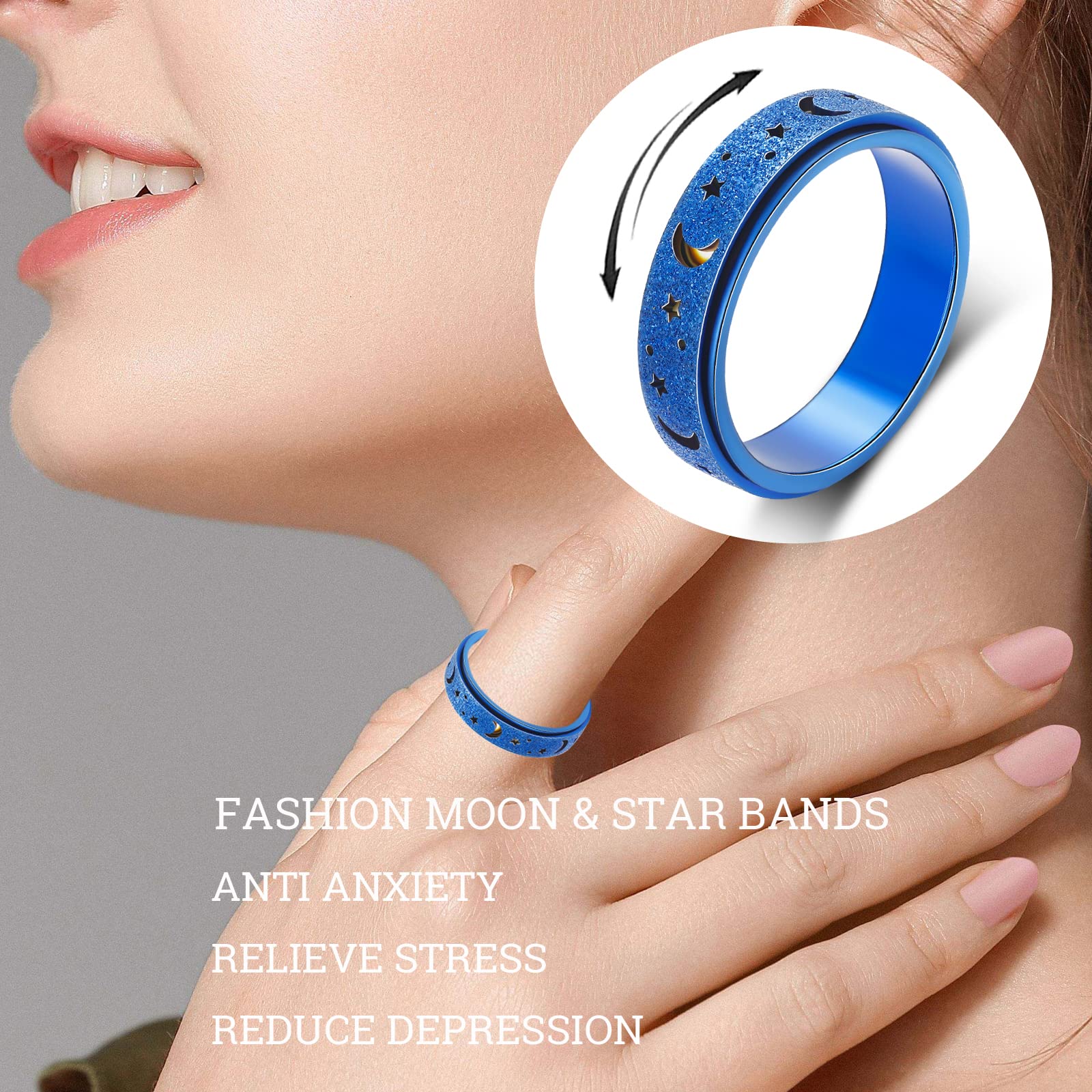 OreilleStar Anxiety Relief Spinner Ring for Women & Adults - Stainless Steel Fidget Ring with Moon & Star Design (Size 8, Blue) - Perfect for Stress Relief, Anxiety Management, and Focus Enhancement