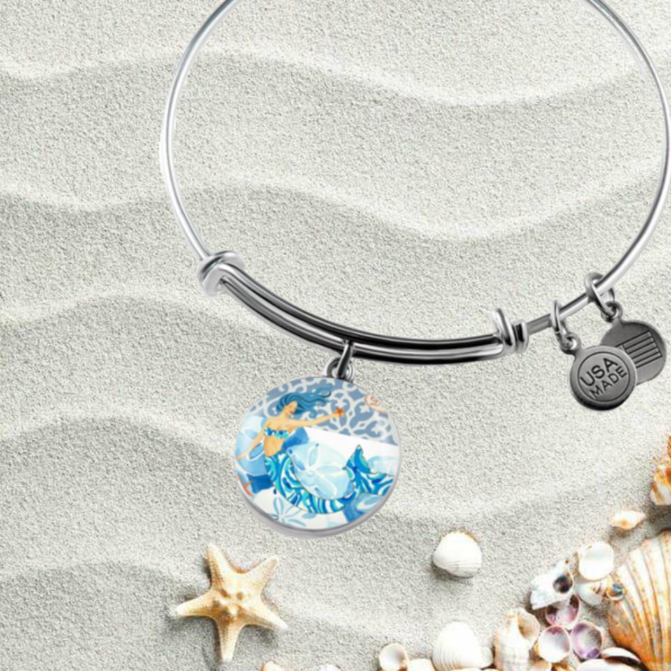 Blue Mermaid Bangle Bracelet for Women - Elegant Ocean Jewelry Gift for Beach Vacation, Mermaid Party & Summer Fashion Accessories