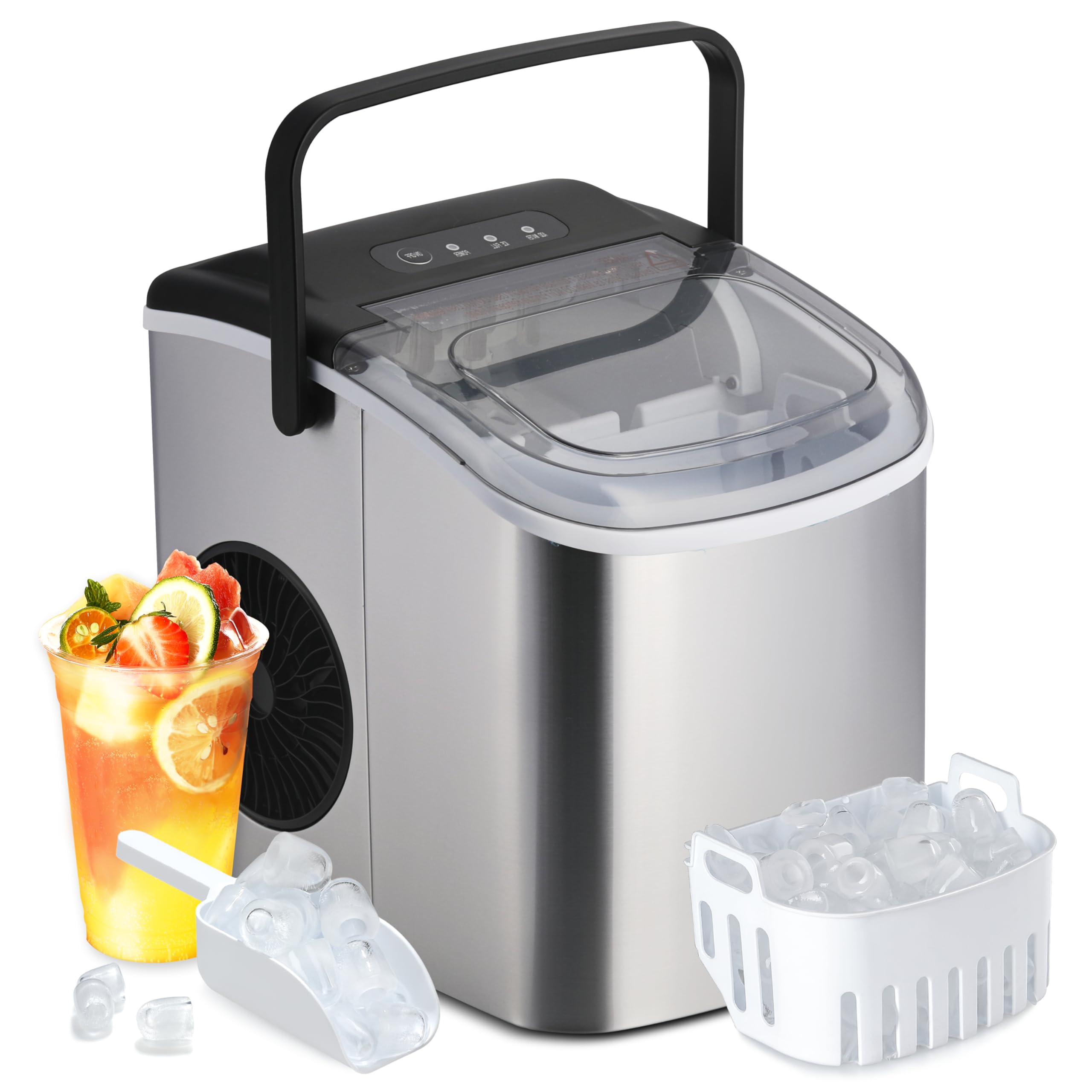 Simple Deluxe Countertop Ice Maker Machine - 6 Mins Fast Ice Making, 9 Bullet Ice Cubes, 26lbs Daily Output, 13.7lbs Capacity, Self-Cleaning with Handle & Accessories (Basket, Spoon) - Perfect for Home, Office, Parties & Outdoor Gatherings - Silver