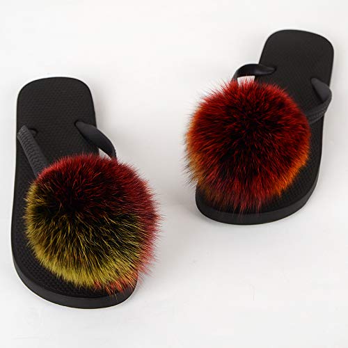 DAYISS Women's Real Fox Fur Ball Slides - Fluffy Fuzzy Slippers & Furry Sandals for Women | Cozy House Shoes for Lounge, Spa, and Indoor Comfort
