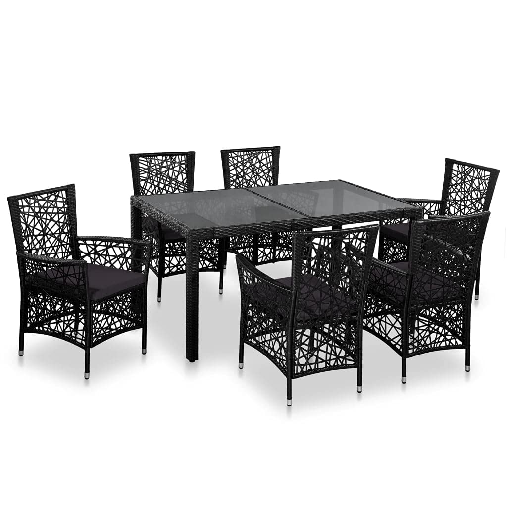 7-Piece Black Poly Rattan Outdoor Dining Set with Coffee Table & Cushions - Patio Furniture Conversation Set for Garden, Backyard, Poolside & Terrace Relaxation