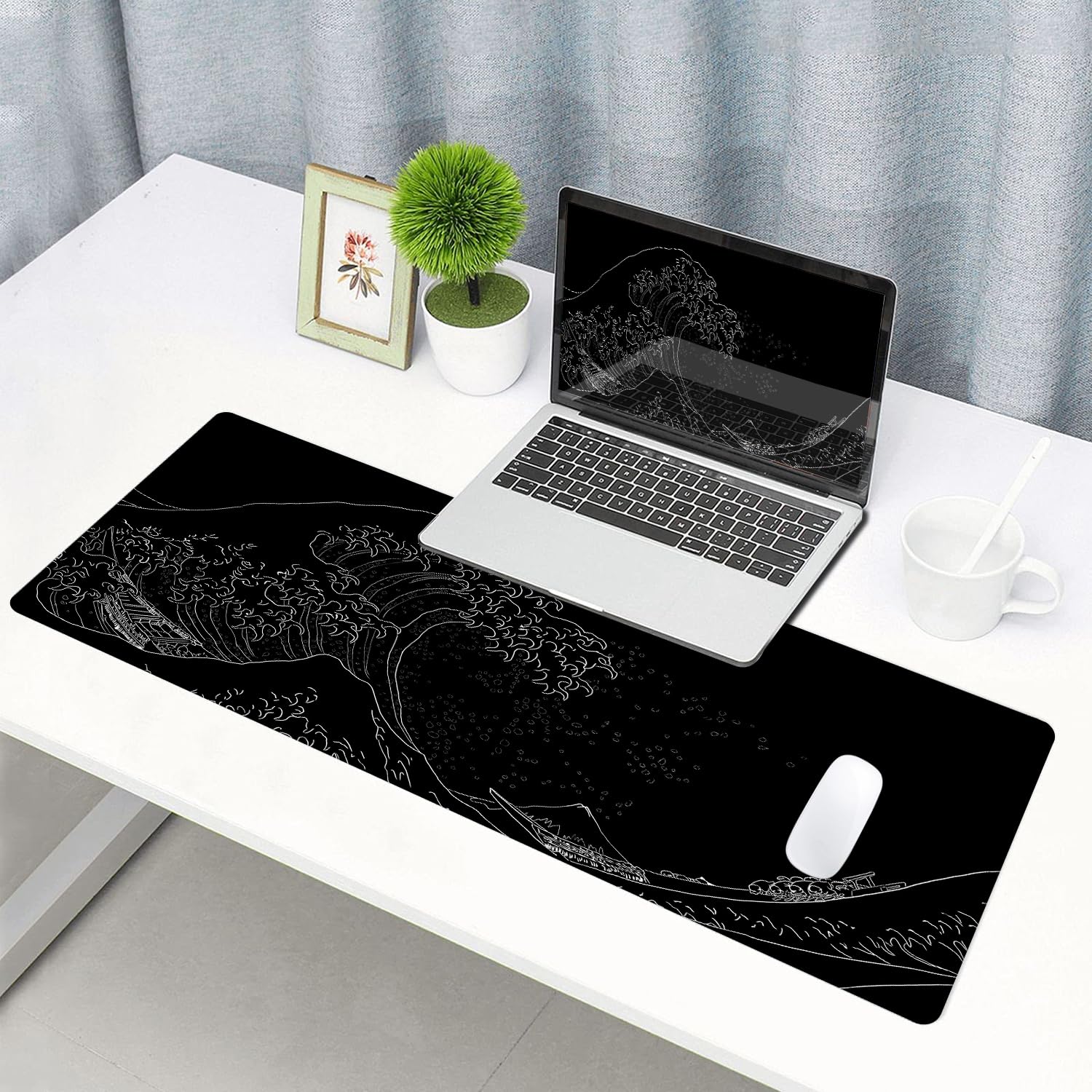 Premium Large Gaming Mouse Pad - Non-Slip Rubber Base Desk Mat with Stitched Edges (31.5x11.8 Inch) - The Great Wave Off Kanagawa Design - Perfect for PC Gaming, Office Work & Home Computer Setup