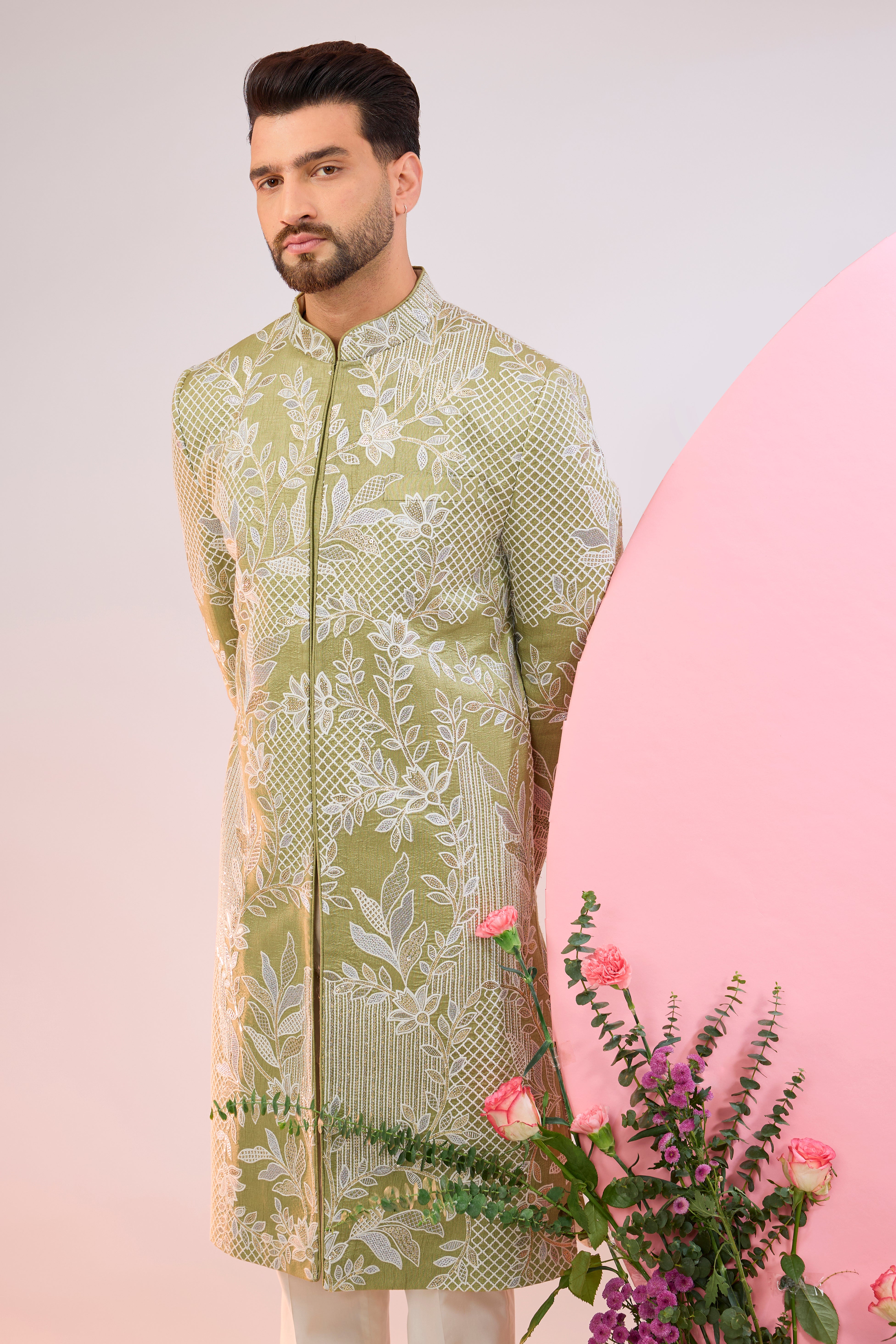 Lime Green Floral Embroidered Sherwani for Men - Traditional Indian Wedding Outfit & Festive Occasion Wear