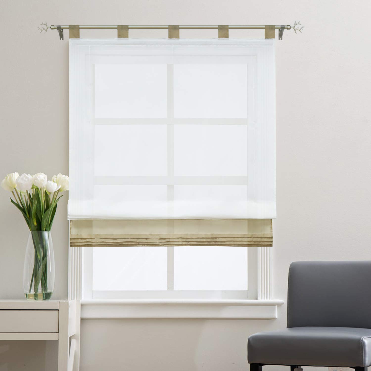 Sheer Voile Roman Curtains - Adjustable Tab Top Window Shades for Kitchen, Bedroom & Bathroom - 1 Panel (Sand, 31