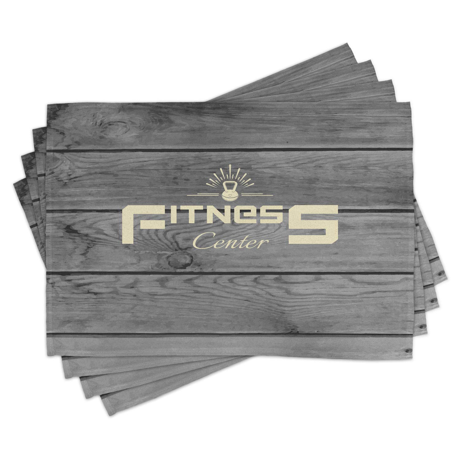 Ambesonne 4-Piece Fitness Themed Placemats Set - Washable Fabric Dining Table Mats with Wooden Planks & Aerobics Energy Training Design - Perfect for Gym Enthusiasts, Home Kitchen Decor, and Fitness Club Dining Areas (Pale Yellow, Black, Grey)