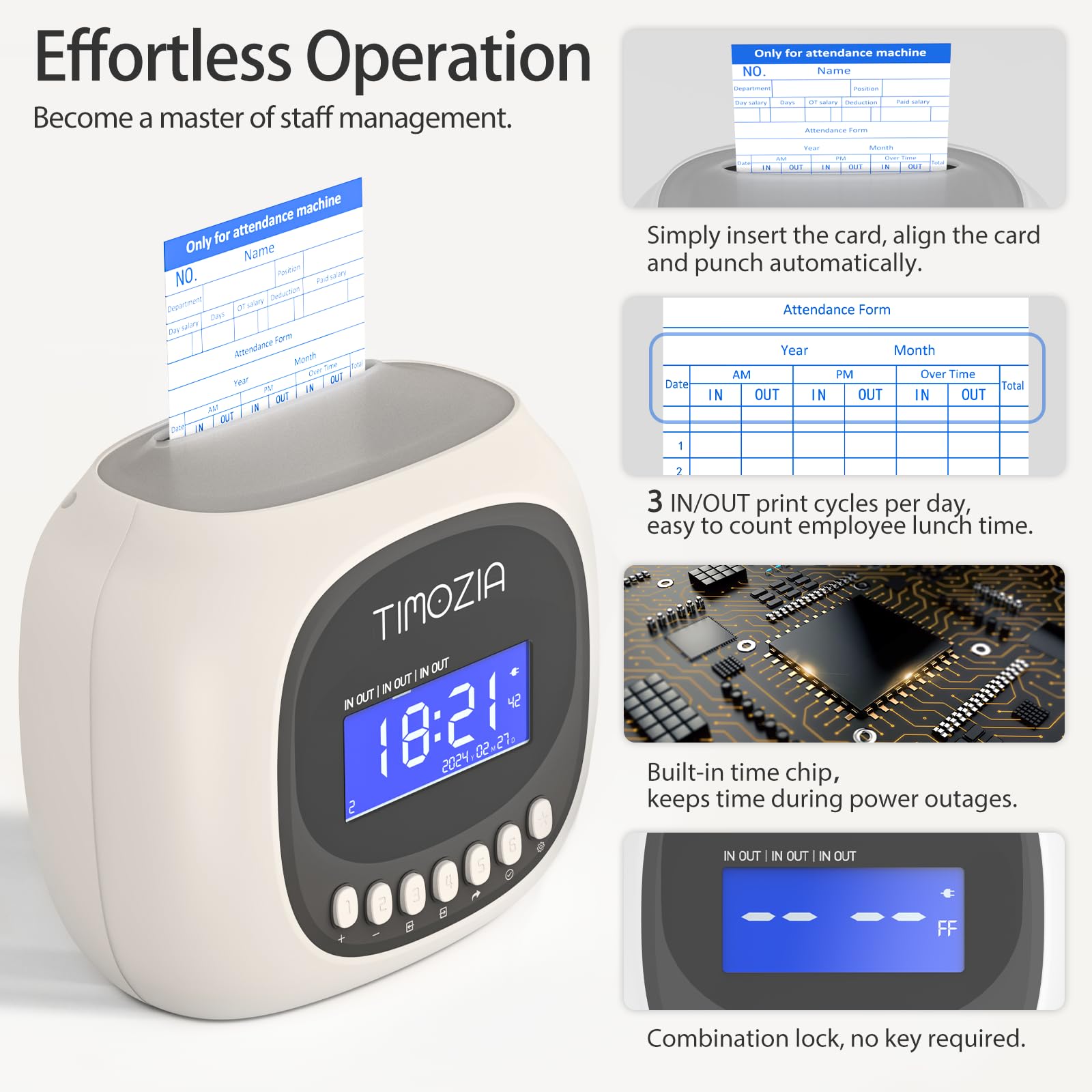 Employee Time Clock for Small Business - Auto-Align Punch Card Machine with 100 Time Cards, 2 Ink Ribbons & 4 Racks (Military/24-Hour Format) - Perfect for Shift Tracking, Payroll Management & Office Time Attendance Systems