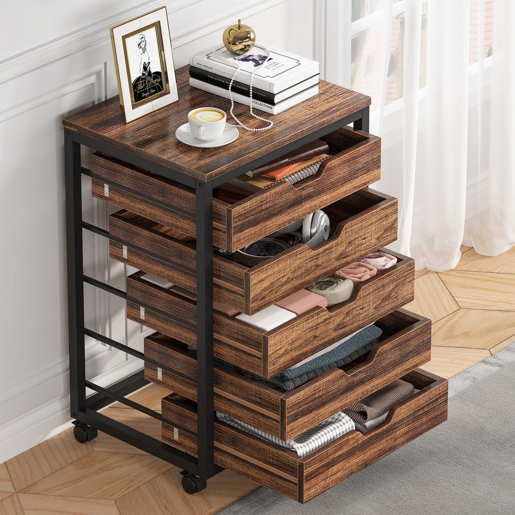 5/7 Drawer Wooden Storage Dresser Cabinet with Wheels - Perfect for Bedroom, Living Room & Office Organization