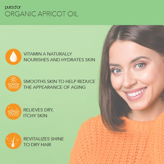 PURA D'OR 16 Oz Organic Apricot Kernel Oil - 100% Pure Cold Pressed Carrier Oil for Face, Skin & Hair Care - USDA Certified, Rich in Vitamin E & Antioxidants - Natural Moisturizer for Glowing Skin & Soft Hair - Perfect for Daily Skincare & Hair Treatment Routine