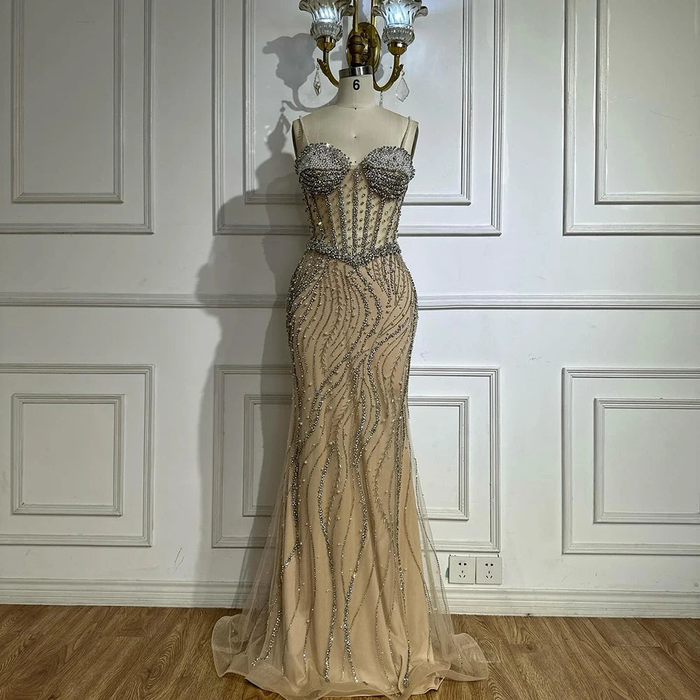 Elegant Spaghetti Strap Pearl Beaded Mermaid Evening Gown for Women - Luxury Dubai Style Formal Dress LA72865 | Perfect for Prom, Wedding, Gala & Special Occasions
