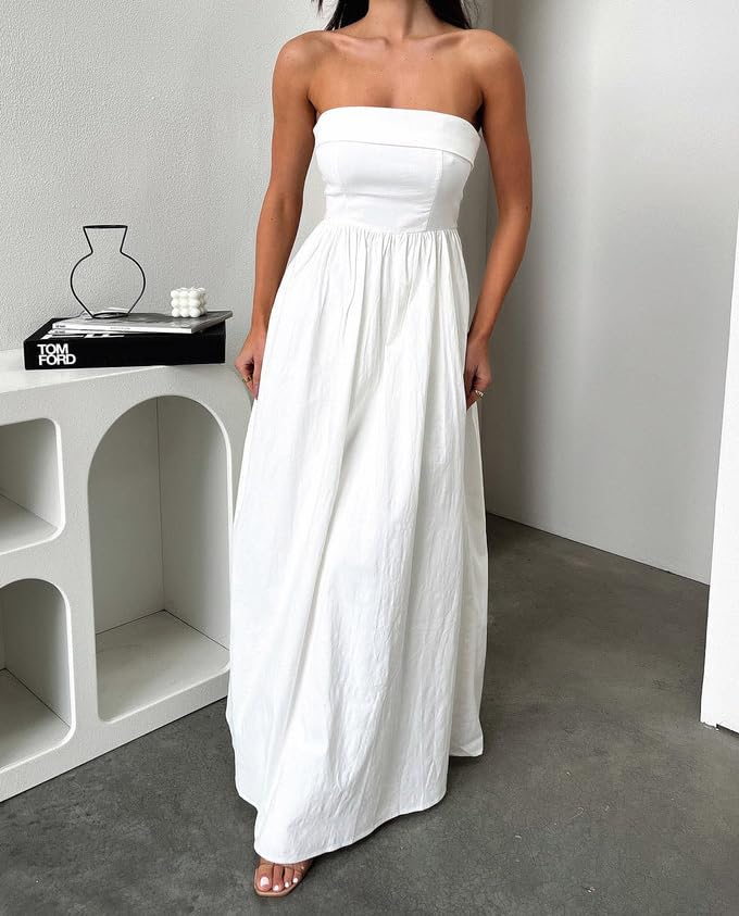 2024 Trendy Women's Summer Strapless Maxi Tube Dress - Solid Pleated Flowy Wedding Guest Dress for Party, Club & Beach Vacation | Elegant Evening Wear & Casual Outfit
