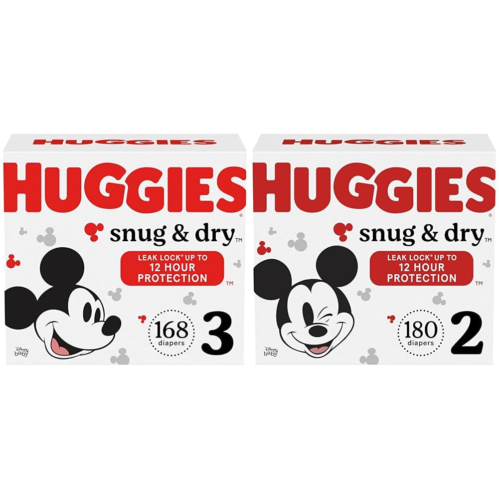 Huggies Snug & Dry Disposable Baby Diapers Size 3 (168 Count) & Size 2 (180 Count) - Ultra Absorbent, Leak Protection - One Month Supply - Perfect for Daycare, Overnight Use & Travel