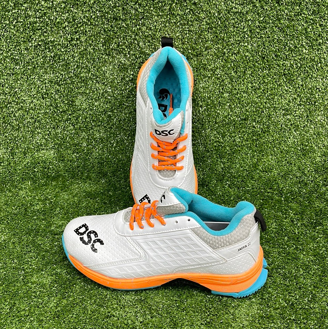 DSC Jaffa 22 White & Orange Junior Youth Cricket Shoes - Perfect for Kids Cricket Matches & Training Sessions