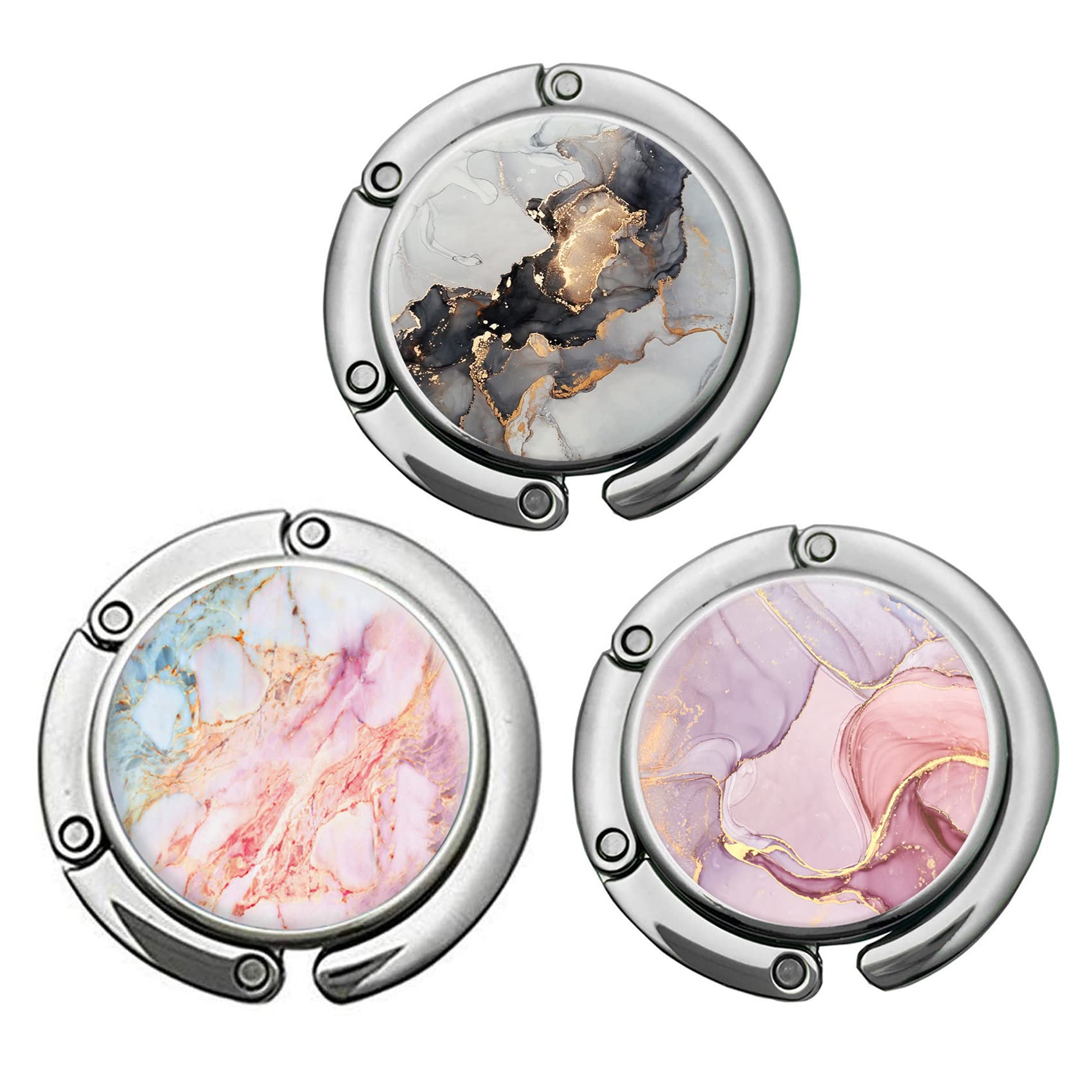 Foldable Purse Hooks for Women - 3 Pack Marble Design Bag Hangers, Table & Desk Hook for Handbags, Totes & Purses - Perfect for Restaurants, Travel, Shopping & Home Use