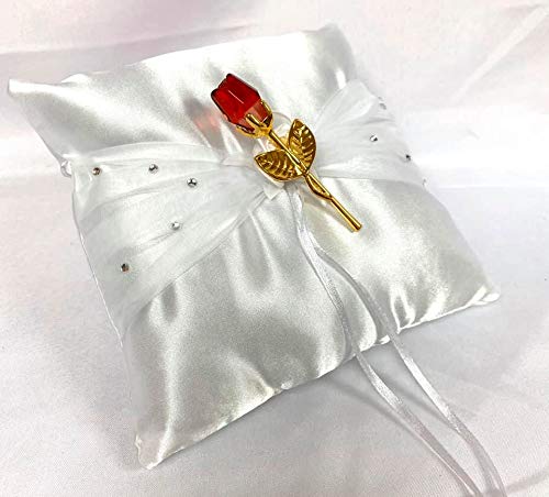White Satin Wedding Ring Pillow with Red Glass Rose - Elegant Bridal Keepsake for Ceremonies, Vow Renewals & Anniversary Gifts