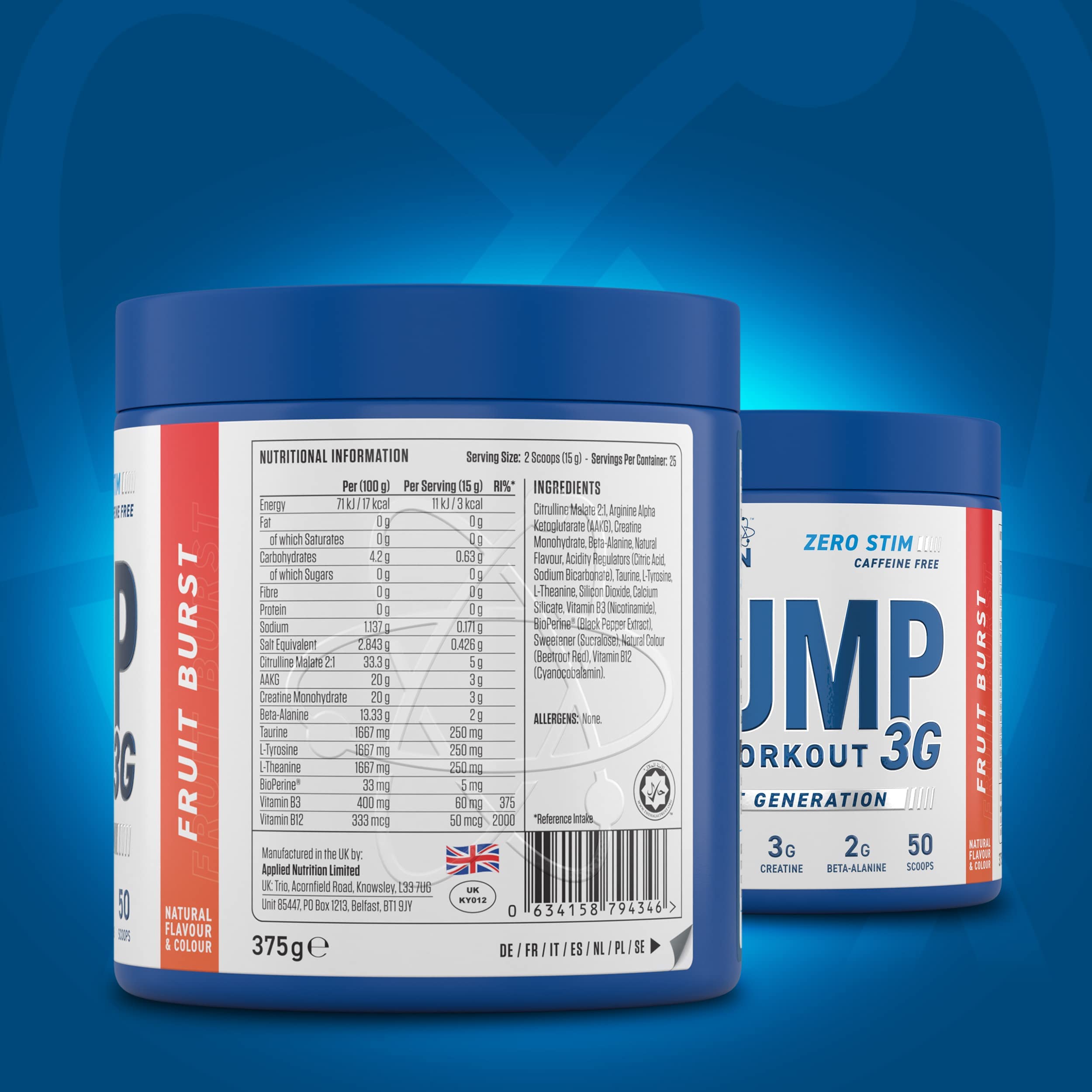Applied Nutrition Pump 3G Stimulant-Free Pre-Workout Powder - Fruit Burst Flavor (375g) | Muscle Pump & Endurance Booster for Gym & Fitness Training | EAN 634158794346