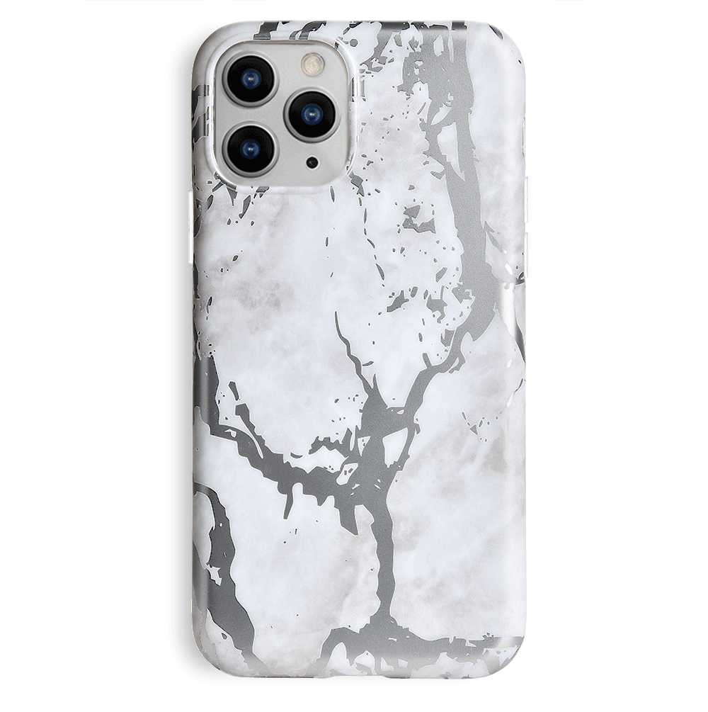Elegant White Marble with Silver Chrome iPhone Case - Premium Protective Cover for iPhone 13/14/15 Pro Max | Slim Fit, Shockproof, Stylish Design for Everyday Use & Special Occasions