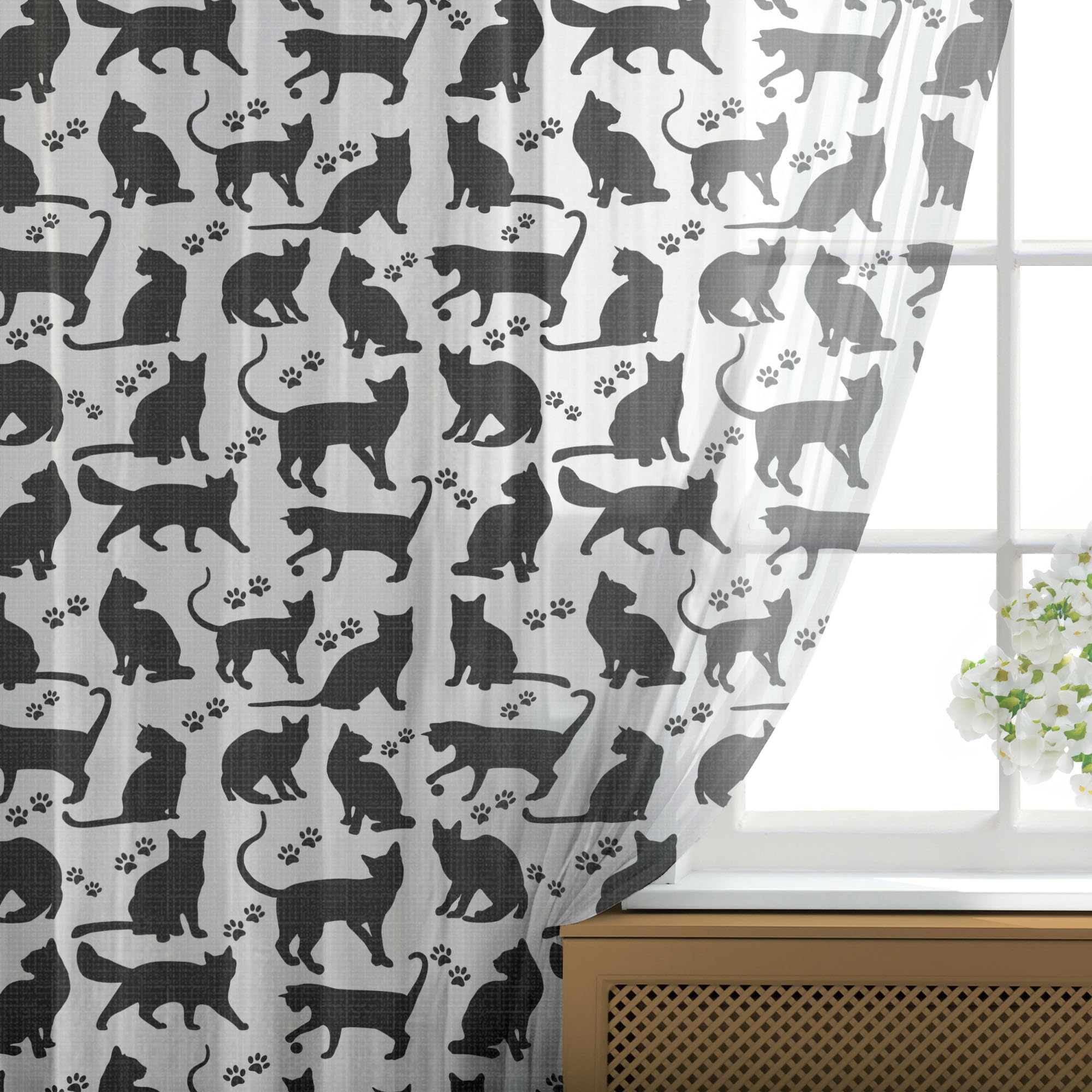Ambesonne Black & White Cat Silhouette Tulle Curtains - Rod Pocket Sheer Drapes for Living Room, Bedroom, Wedding (2 Panels, 108