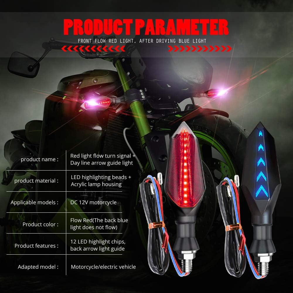 Universal Motorcycle LED Turn Signal Lights - 2-Pack Dual Color Front/Rear Indicators with Red Flowing & Blue Daytime Running Lights, Waterproof 12V 17LEDs - Perfect for Harley, Honda, Yamaha & Cruiser Bikes