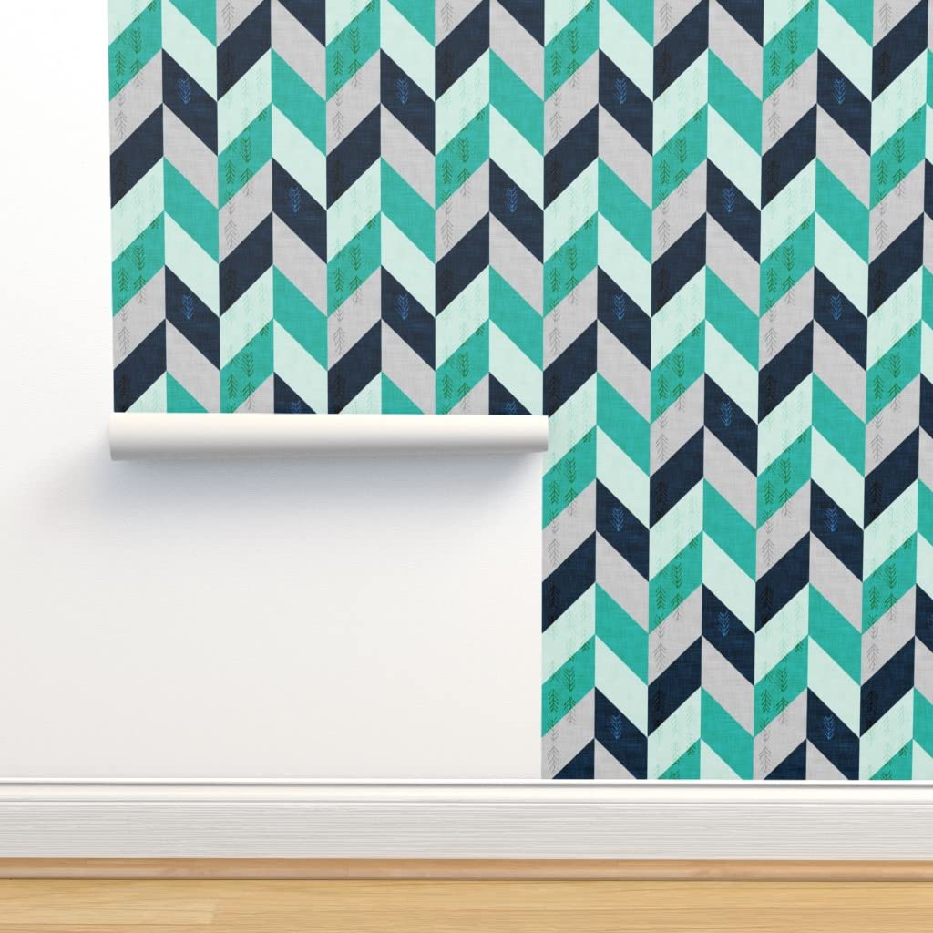 Removable Wallpaper Swatch - Chevron Cool Colors Geometric Aqua Navy Desert Large Custom Pre-Pasted Wallpaper by Spoonflower | Perfect for Nursery, Bedroom & Home Office Decor