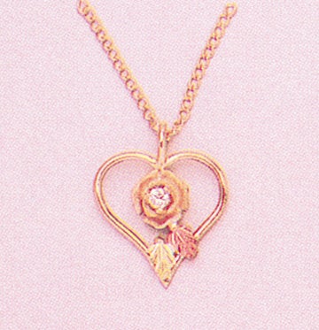 10kt Gold Three-Tone Heart & Rose Pendant with Natural Diamond Accent & Colorful Leaves - Includes 18