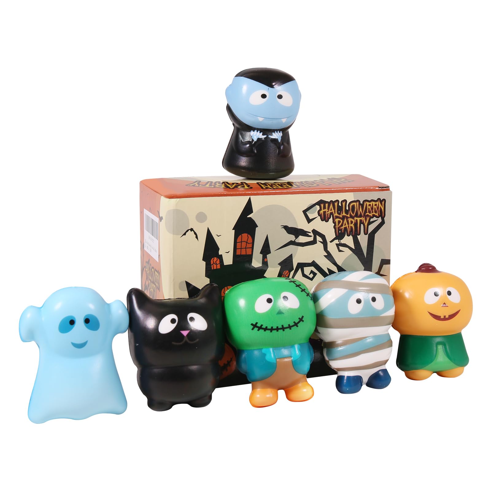 **6 Pack Halloween Squishy Toys - Slow Rising Stress Relief Party Favors (Pumpkin, Zombie, Black Cat, Mummy, Vampire, Ghost) - Halloween Treat Bags, Classroom Prizes & Kids Gifts for Trick-or-Treating, Party Decor & Sensory Play**