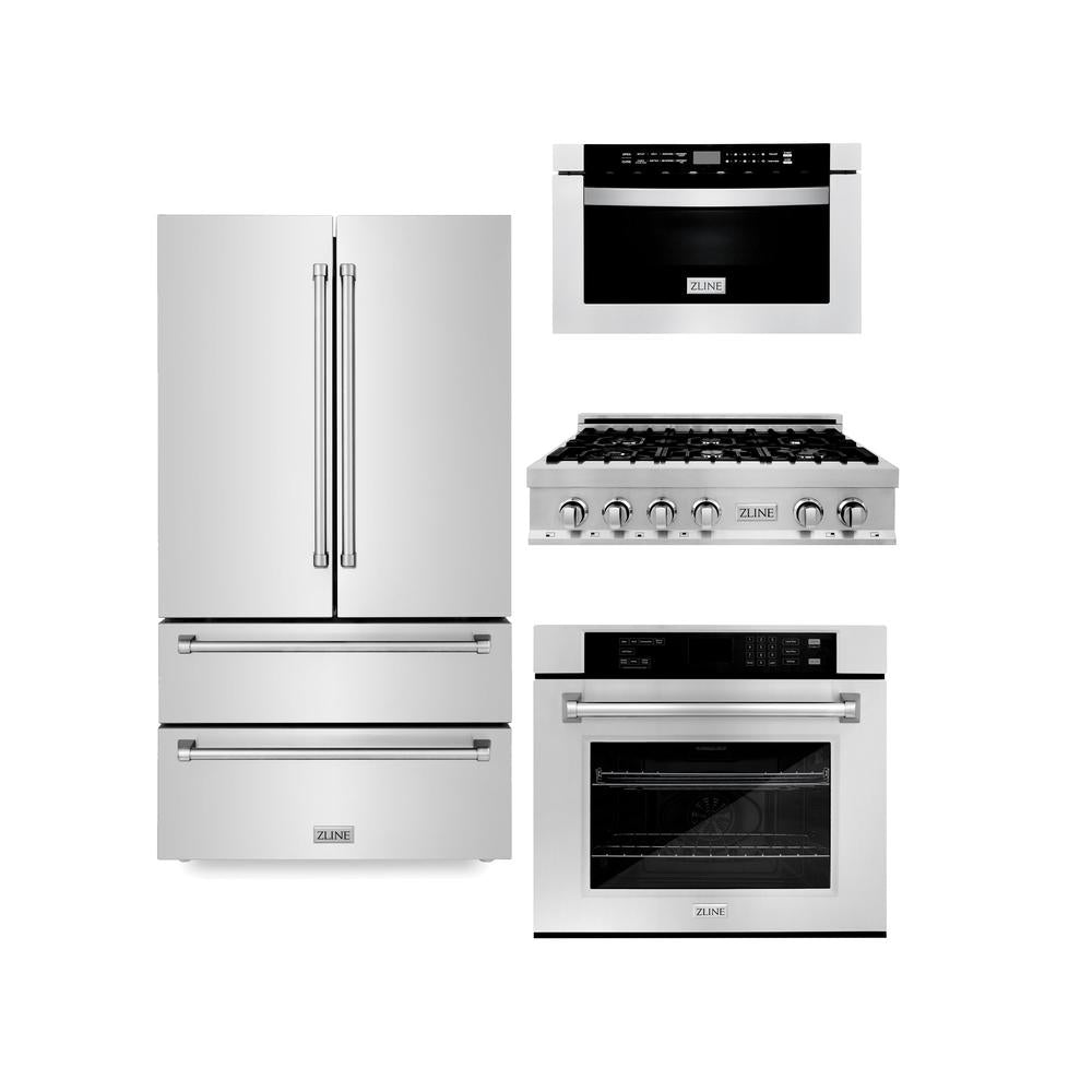 ZLINE 36-inch Stainless Steel Kitchen Package - Refrigerator, Gas Rangetop, Single Wall Oven & Microwave Oven Combo | Professional Grade Appliances for Modern Home Chefs | Perfect for Gourmet Cooking & Entertaining