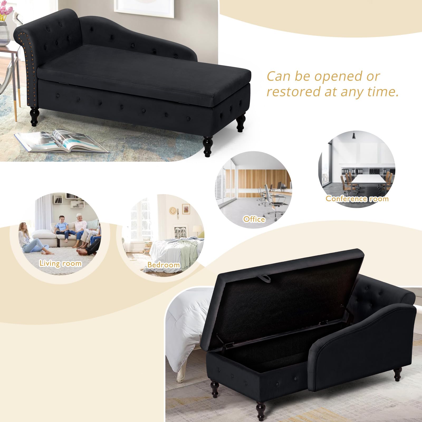 Luxury Velvet Upholstered Chaise Lounge with Left Armrest & Lumbar Support - Button Tufted Modern Lounge Sofa with Storage - Comfortable Living Room, Bedroom & Office Lounge Chair (Black) - Perfect for Relaxing, Reading & Small Space Decor