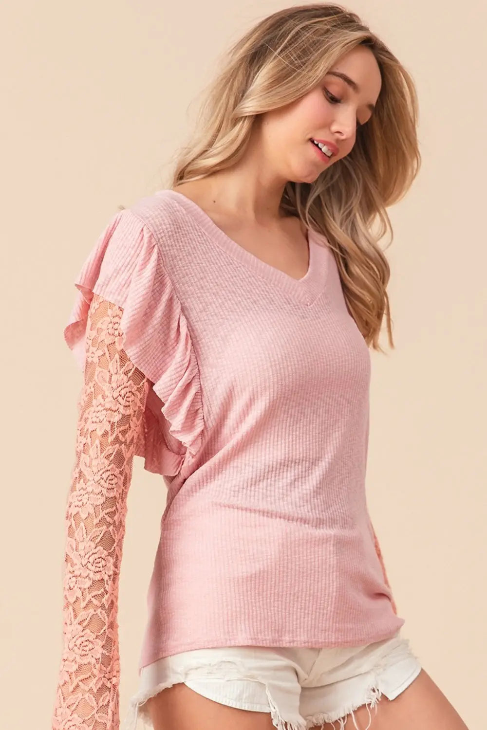 BiBi Ruffled Lace Sleeve Rib Knit Top for Women | Elegant Blouse for Date Night & Office Wear