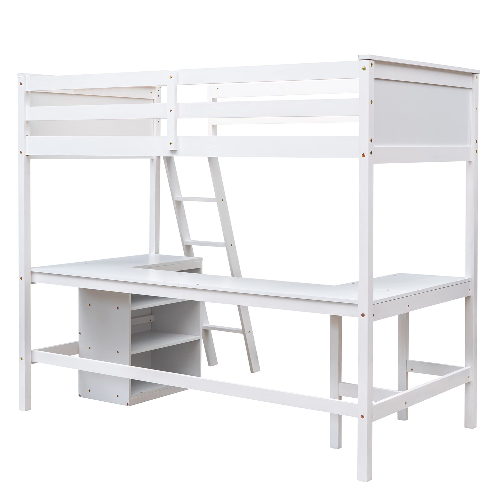 P PURLOVE Twin Loft Bed Frame with Shelves & Desk - Sturdy Wood Loft Bed for Teens, Kids & Adults - Space-Saving Design with Angled Ladder - No Box Spring Needed (White) - Perfect for Small Bedrooms, Dorms & Studio Apartments