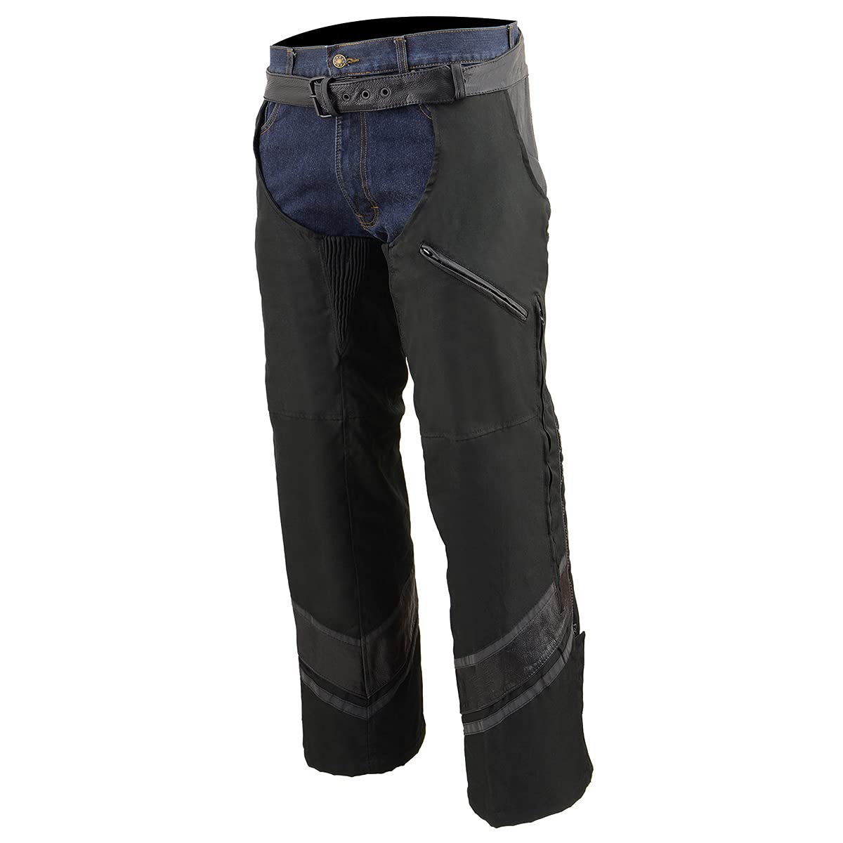 Milwaukee Leather MPM5706 Men's Black Vented Textile Motorcycle Chaps with Leather Trim - Durable Riding Gear for Harley, Cruiser & Adventure Bikes
