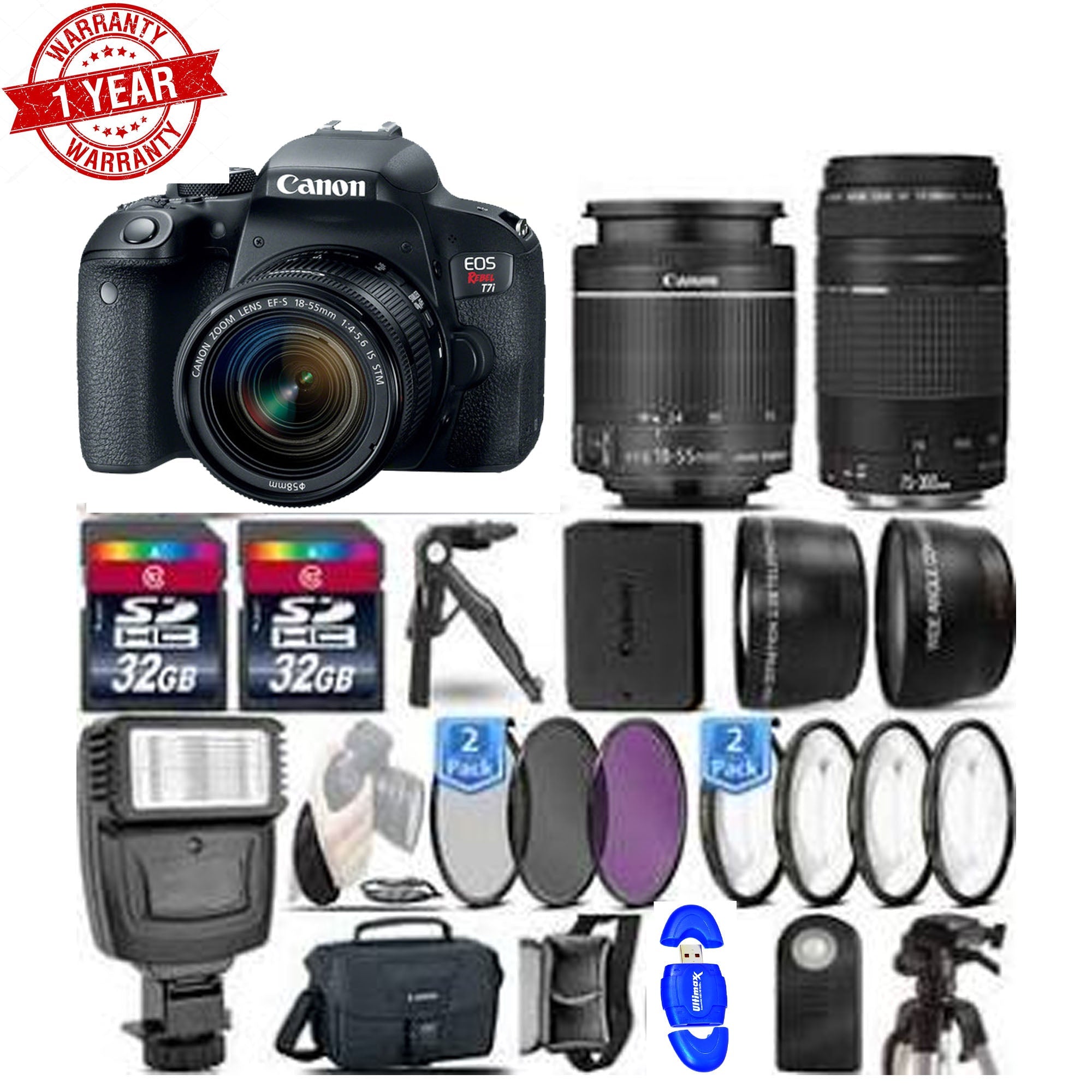 Canon EOS Rebel T7i/800D DSLR Camera with 18-55mm & 75-300mm III Lenses, 64GB Memory Kit - Black | Perfect for Travel Photography, Portrait Shots & Beginner Photographers