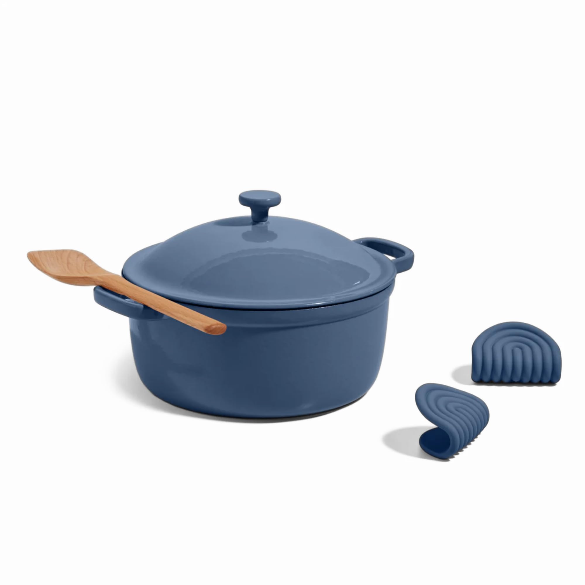 Our Place 6-in-1 Enameled Cast Iron Dutch Oven - 5.5 Quart Non-Toxic Cookware with Self-Basting Lid, Hot Grips & Beechwood Scraper - Induction & Oven Safe Blue Salt Pot - Perfect for Soups, Stews, Braising & Family Dinners