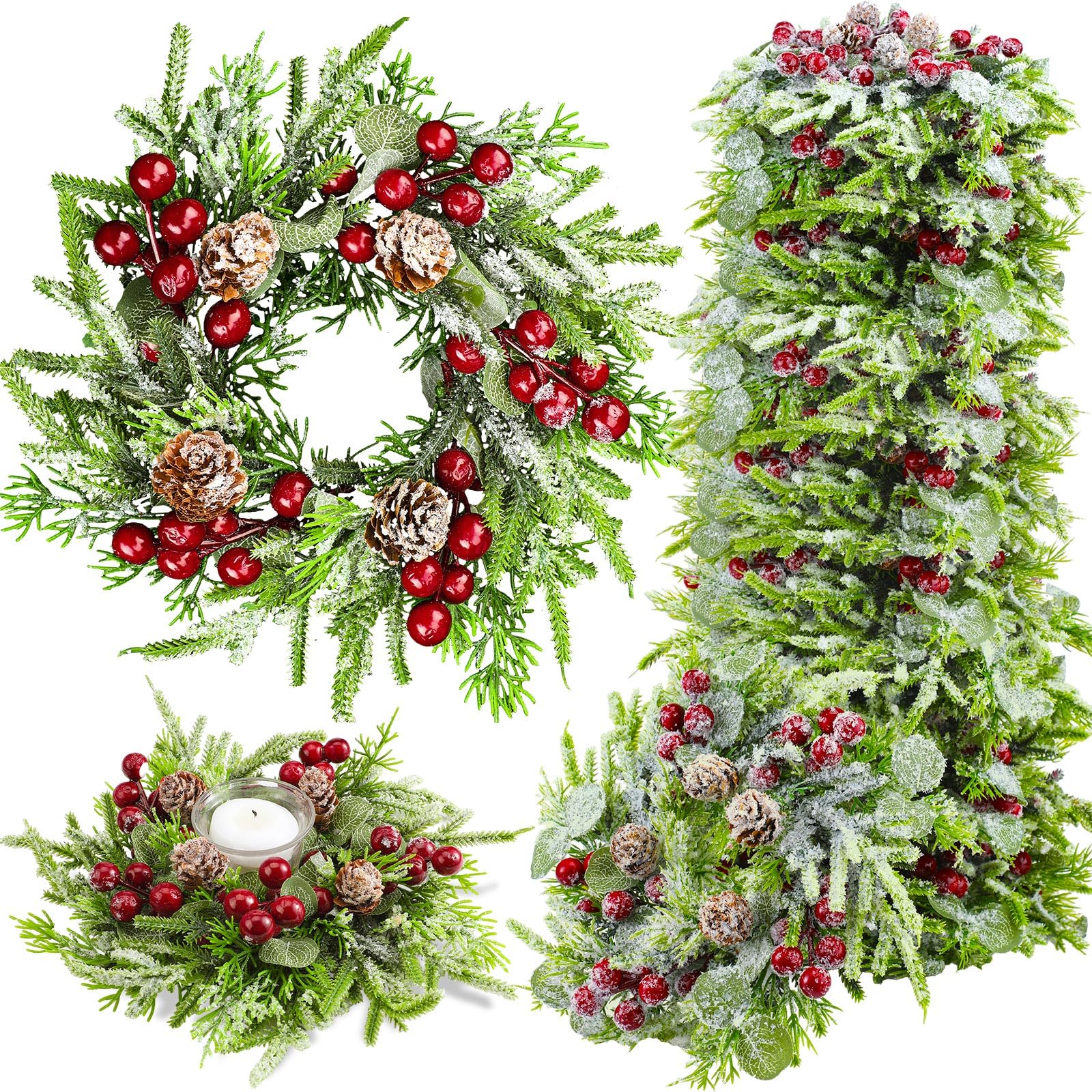 Lyrow 24 Pcs Christmas Candle Rings - Norfolk Pine Garland with Red Berries & Pinecones, Artificial Snowy Wreath for Candle Holders - Perfect for Christmas Decor, Wedding Centerpieces, and Holiday Table Decorations