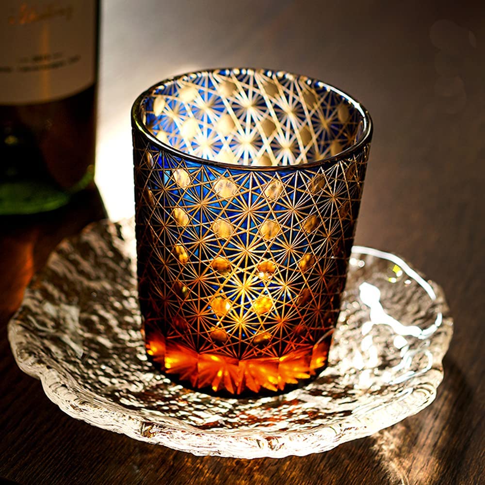 Premium Hand-Cut 8oz Amber & Blue Crystal Old Fashioned Whiskey Glasses Set with Gift Box - Elegant Barware for Cocktails, Bourbon, Scotch & Home Entertaining