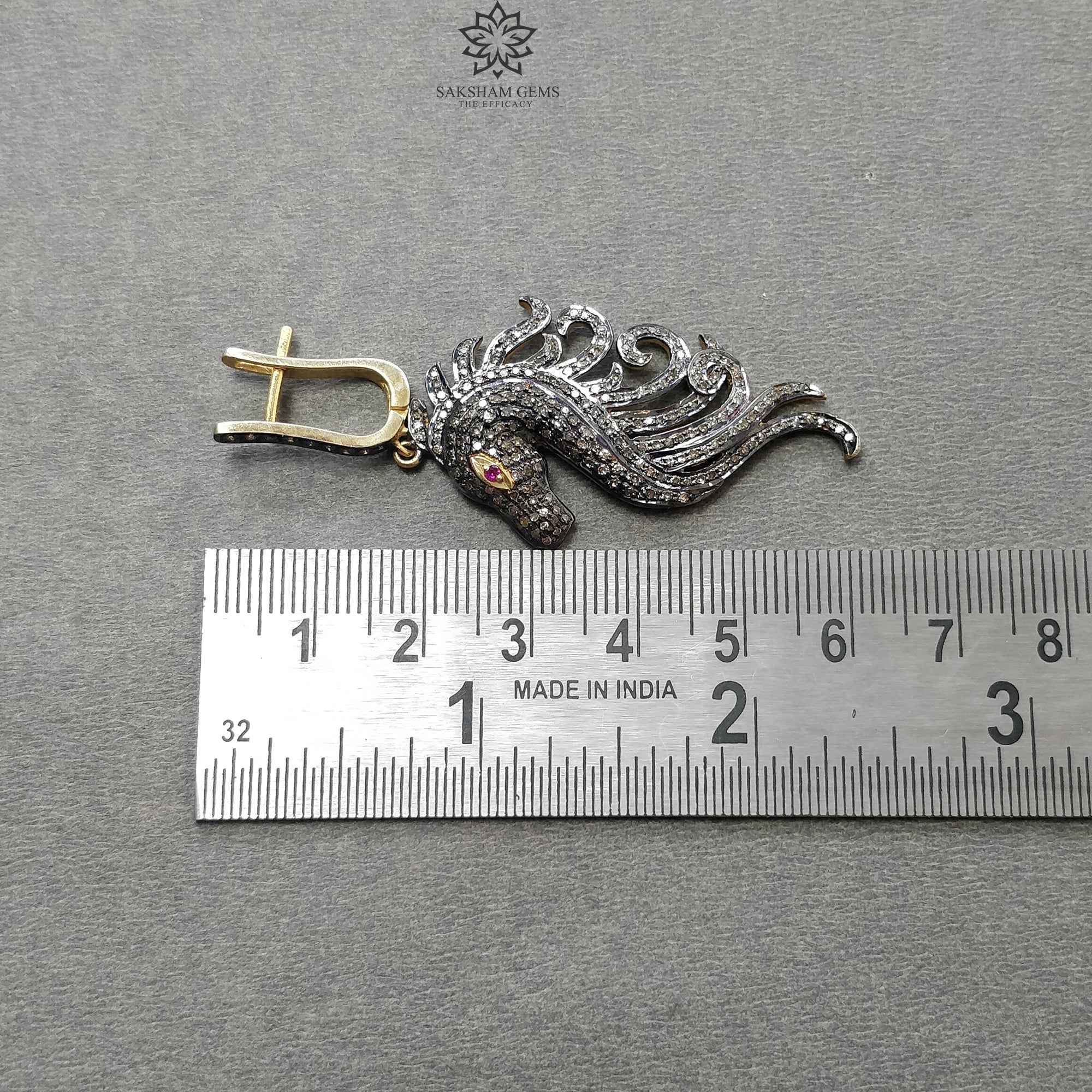 Natural Diamond & Ruby Gemstone Drop Dangle Earrings - 925 Sterling Silver & Gold Latch Back - Horse Face Pave Design (2.4