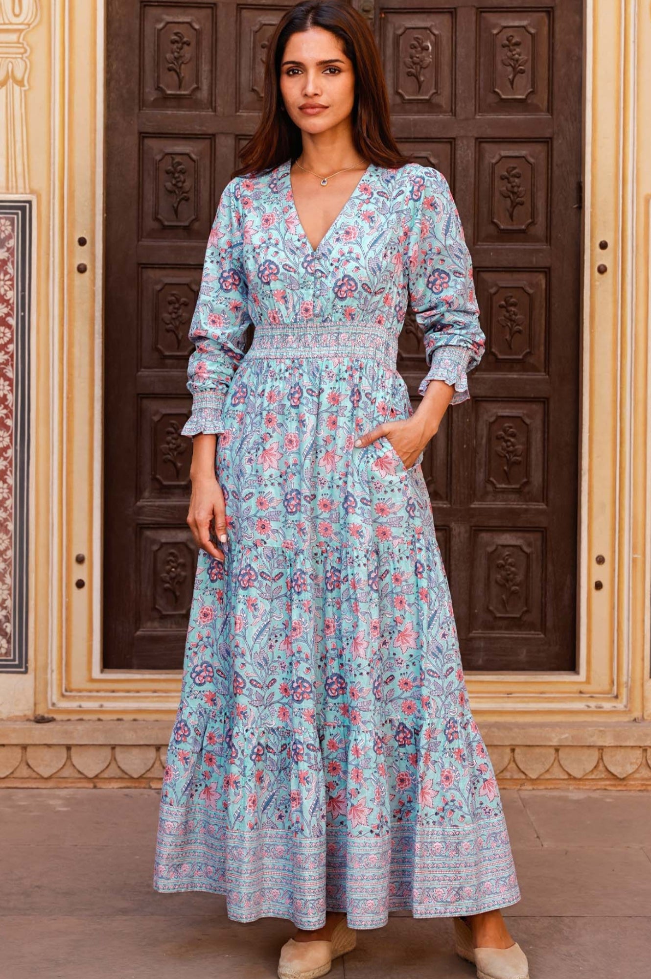 Billie Organic Cotton Block Print Dress - Floral Gardenia Blue/Red | Boho Summer Dress for Women | Perfect for Beach, Vacation & Casual Outings