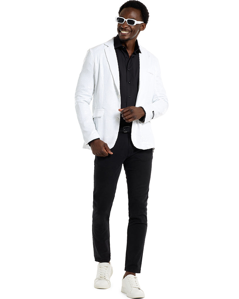 Vintage 70s Sequins White Men's Suit Jacket - Retro Disco Party, Wedding & Special Occasion Formal Wear
