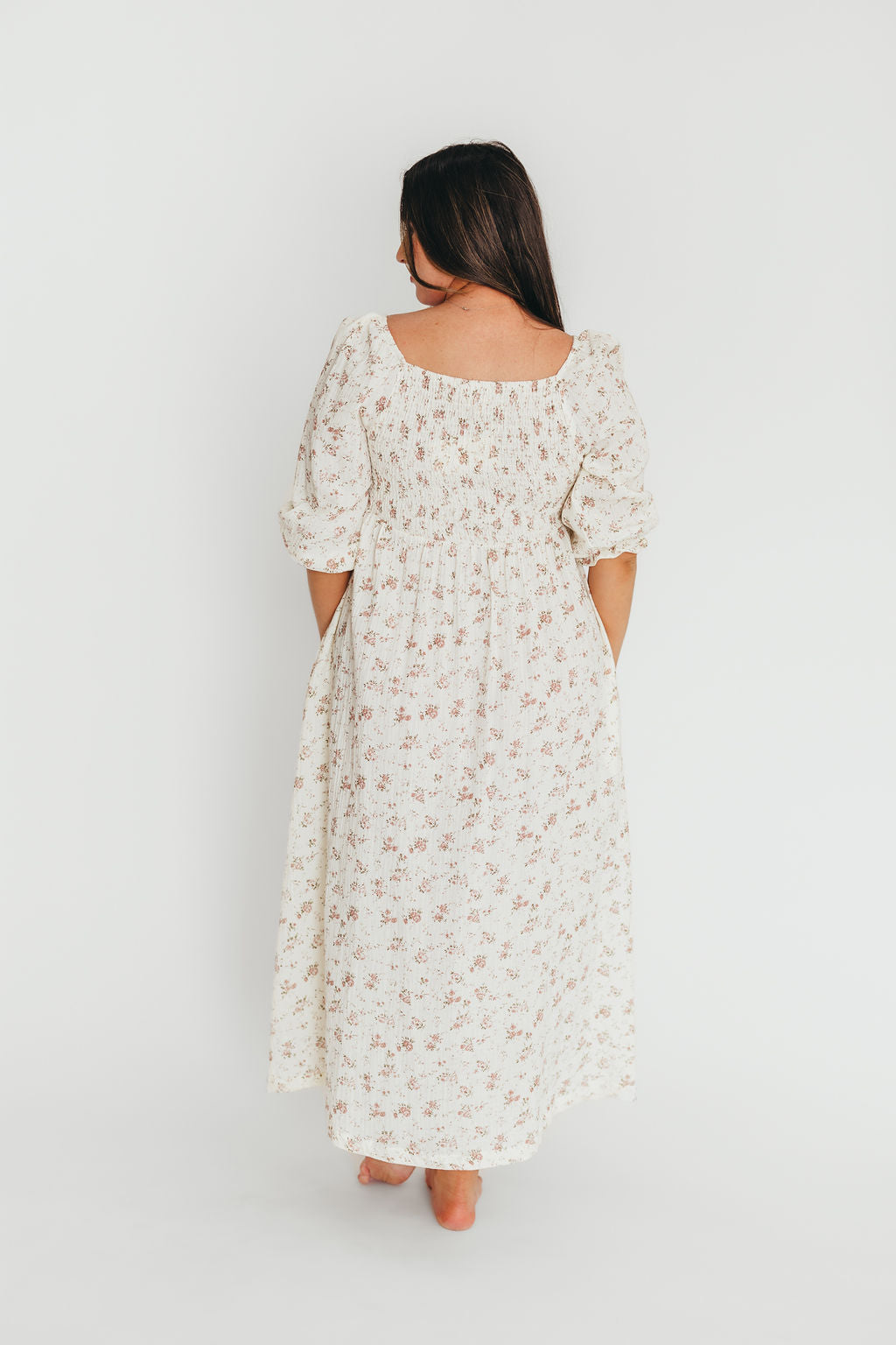 100% Cotton Smocked Maxi Dress for Women - Ivory/Mauve Floral Print | Bump Friendly Maternity Dress | Perfect for Summer, Beach Vacations & Special Occasions