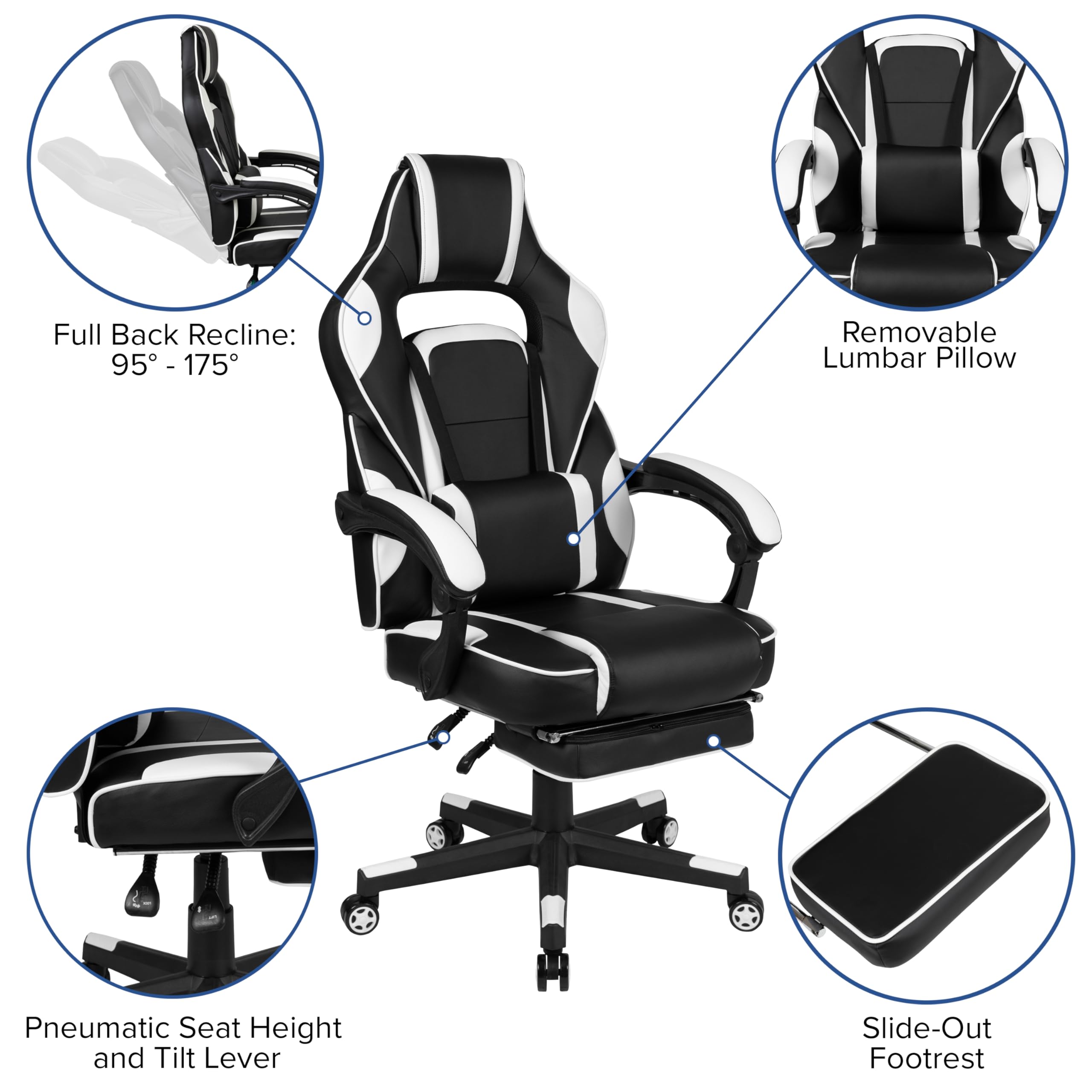 Black Gaming Desk with Cup Holder, Headphone Hook & 2 Cable Management Holes - White Reclining Gaming Chair with Adjustable Armrests & Footrest for PC Setup | Perfect for Esports, Streaming & Home Office