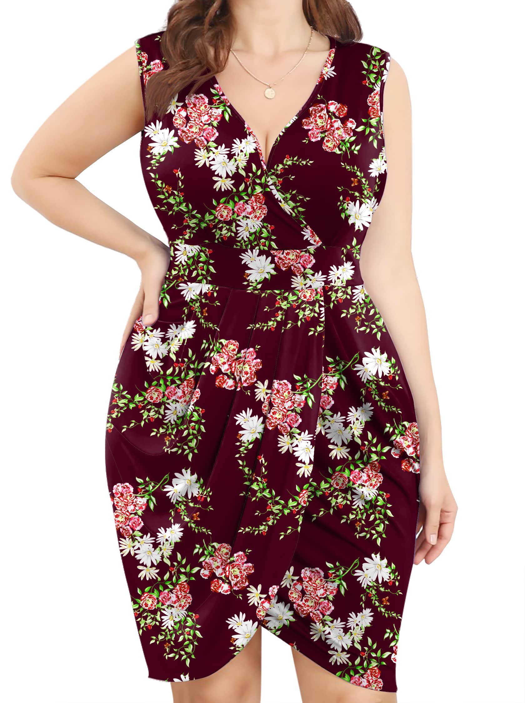 POSESHE Women's Plus Size Summer Sleeveless V-Neck Bodycon Wrap Dress - Elegant Formal Cocktail Dress for Wedding Guest, Date Night & Special Occasions | Flattering Front Slit Design for Curvy Figures