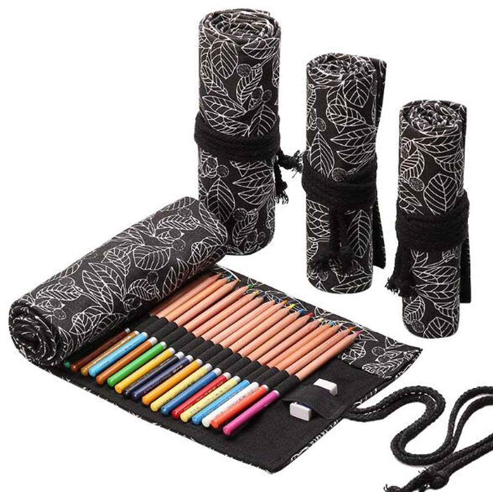 FZBNSRKO 72-Slot Colored Canvas Pencil Case Roll - Artist & Student Pencil Wrap Holder for Coloring, Drawing & Travel Storage (Black Leaf Design) - Perfect for School, Office & Art Supplies Organization