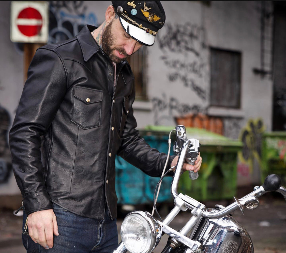 Y2 Leather SS 13 Steer Oil Western Shirt - Black Cowhide Button Up Shirt for Men | Perfect for Rodeo, Country Music Festivals & Western Style Outfits