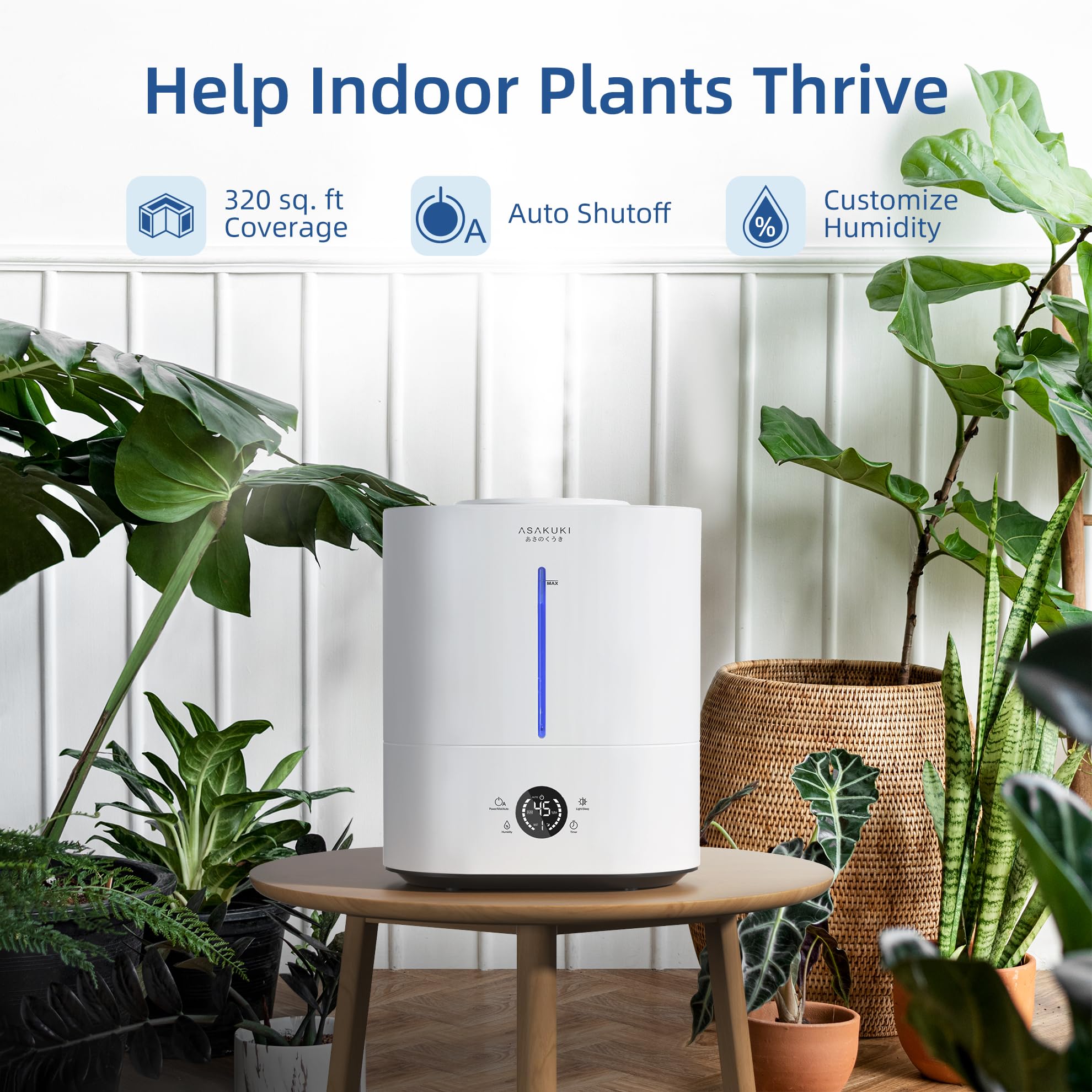 ASAKUKI 4L Cool Mist Humidifier with LED Display & Essential Oil Diffuser - Top Fill Ultrasonic Air Humidifier for Large Bedrooms, Baby Nursery, Kids Room & Plants - Quiet Operation with Humidity Control & Sleep Mode - Perfect for Dry Air Relief, Better Sleep & Plant Care (White)