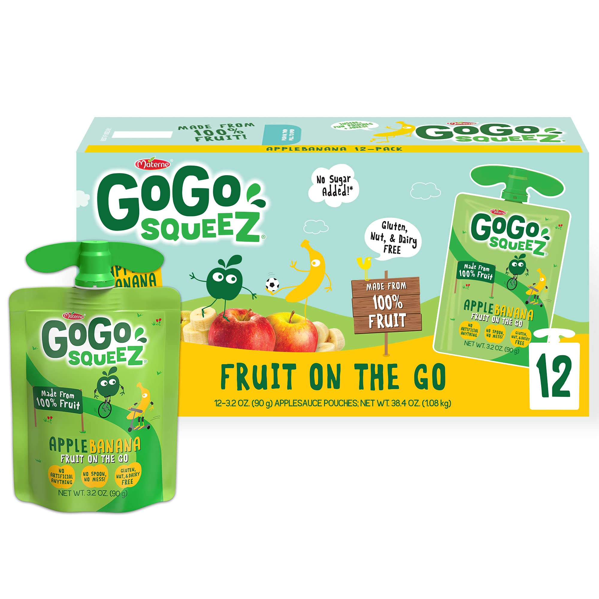 GoGo squeeZ Apple Banana Fruit Pouches, 3.2 oz (Pack of 12) - Unsweetened, Gluten Free, Nut Free & Dairy Free Kids Snacks with Recloseable Cap | BPA Free | Healthy On-The-Go Snack for School, Travel & Lunchboxes
