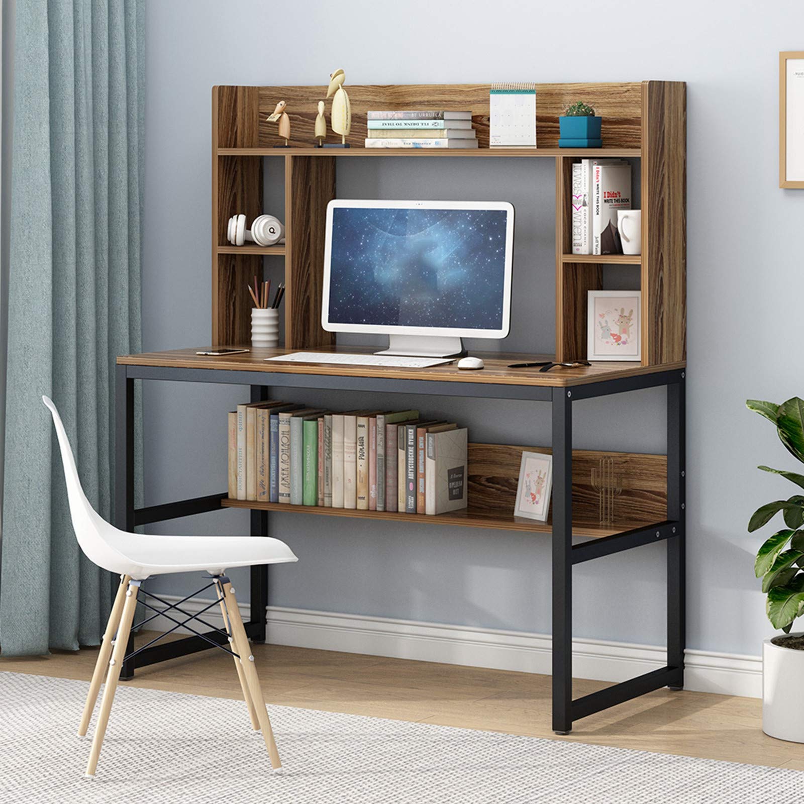 47 Inch Modern Computer Desk with Bookshelf - Home Office Workstation, Study Desk for Students, Gaming Table for PC & Laptop - Fast US Shipping (Brown) | Perfect for Small Spaces, Dorm Rooms & Home Offices